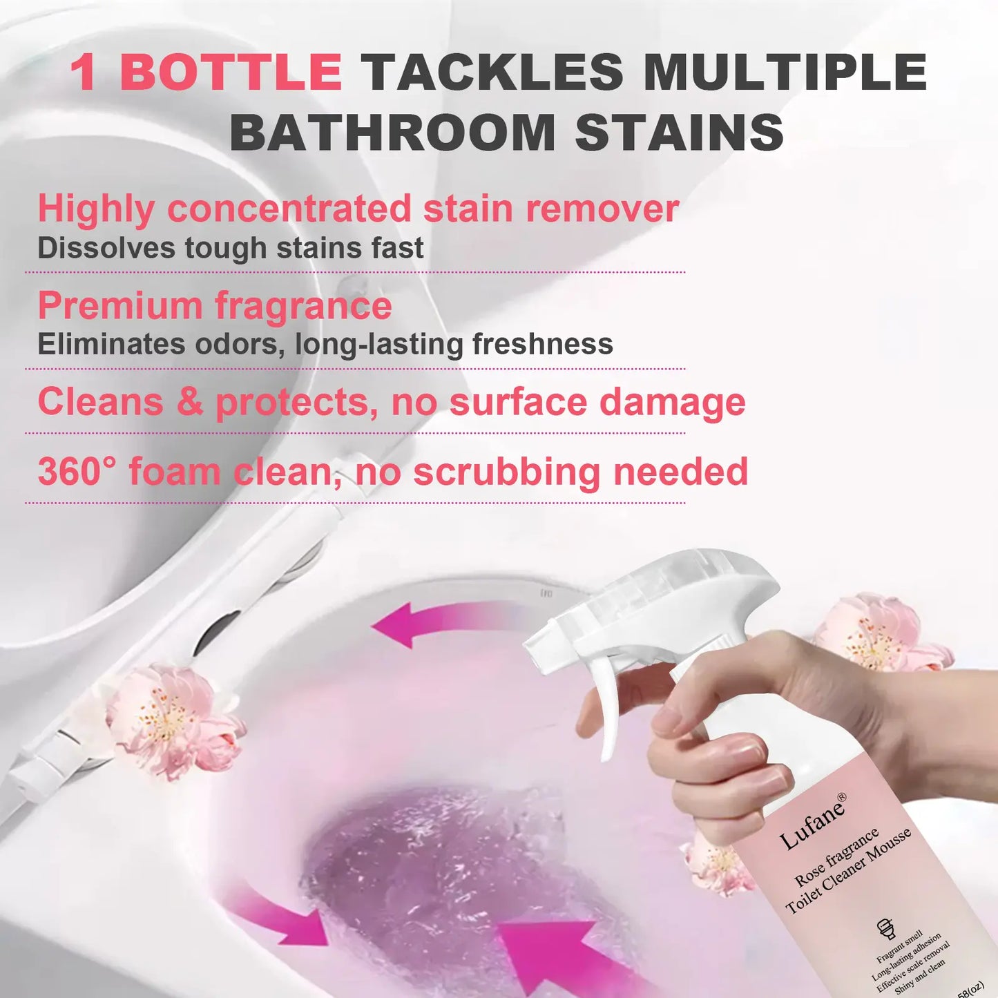 Bathroom Cleaning Foam Spray (10.58 oz) — Long-Lasting Rose Scent; Removes Hard Water Stains, Toilet Grime, and Soap Scum from Various Surfaces