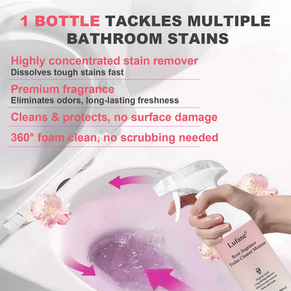 Bathroom Cleaning Foam Spray (10.58 oz) — Long-Lasting Rose Scent; Removes Hard Water Stains, Toilet Grime, and Soap Scum from Various Surfaces
